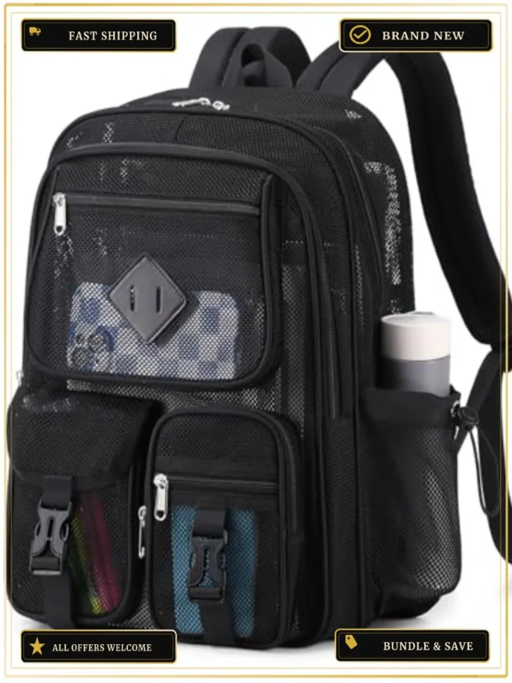 Heavy Duty See Through Mesh Backpack for School, Beach, Sports, Travel